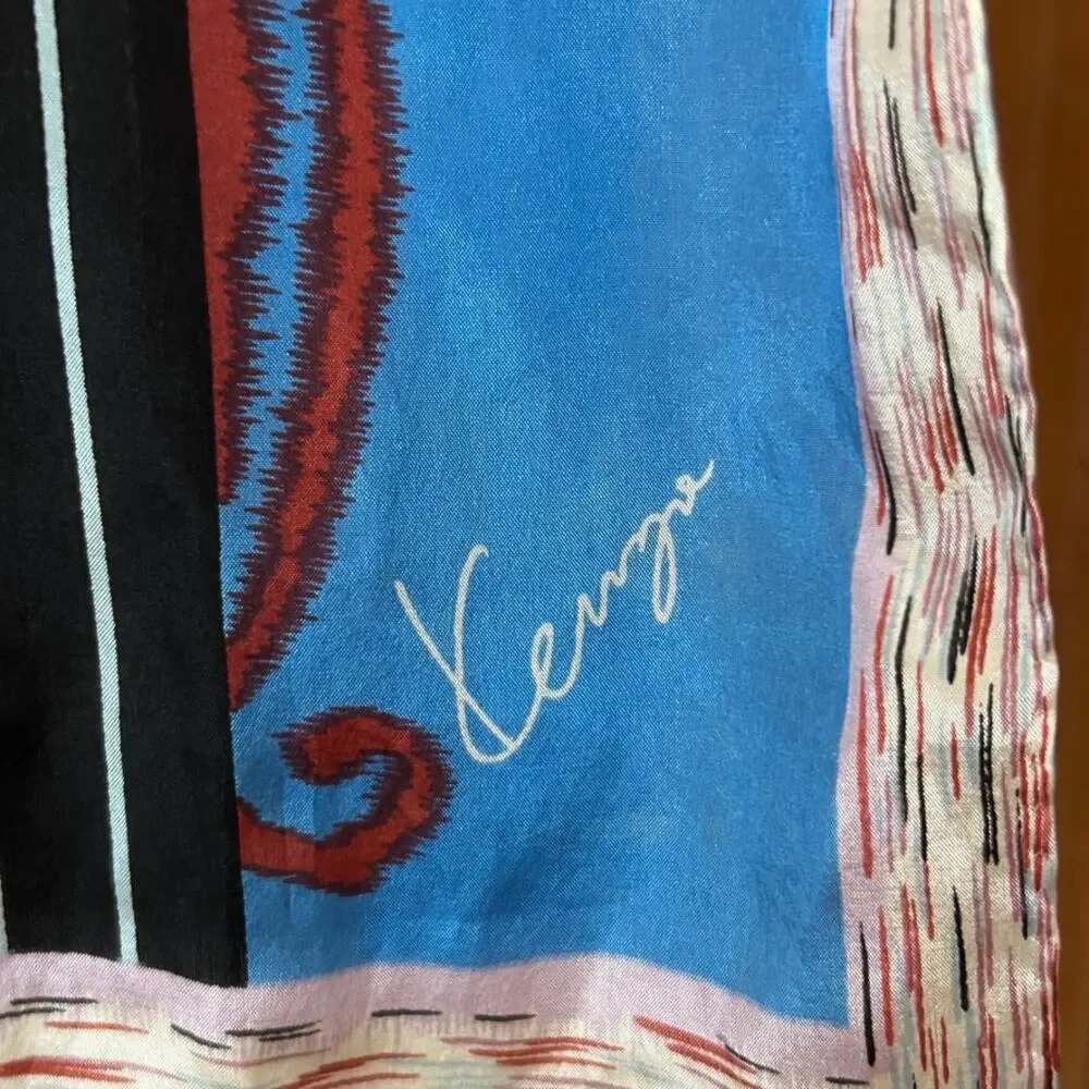 Vintage Kenzo Paris Silk Scarf Blue Rose Floral